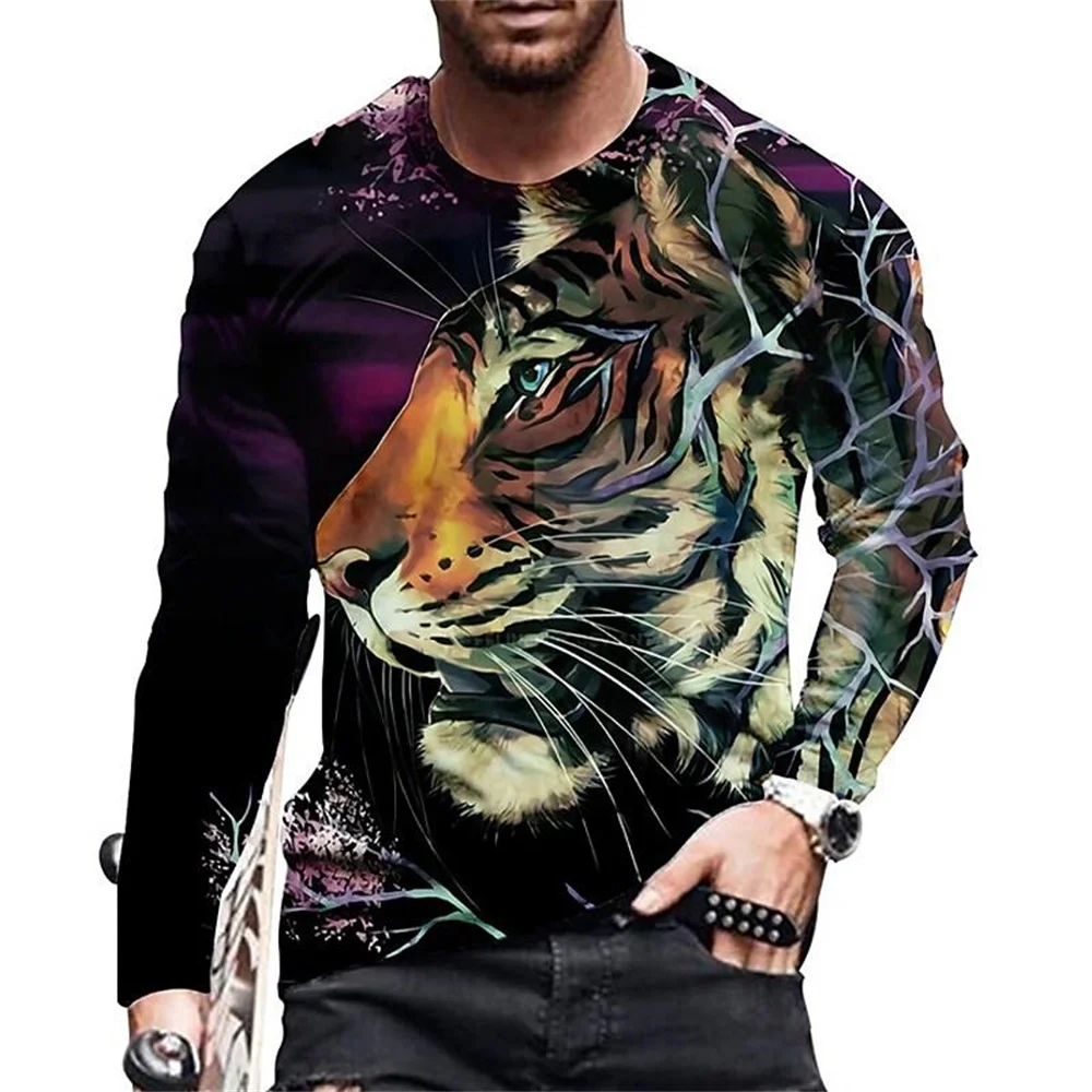 

Vintage 3d Tiger and Lion T-shirt for Men, Loose Long Sleeved Crewneck Cotton T-shirt, Large 5xl Animal Top