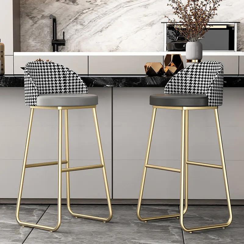 

Nordic High stool Kitchen leisure leather Bar chair 65cm with backrest INS luxury design Home bar furniture gold leg chair stool