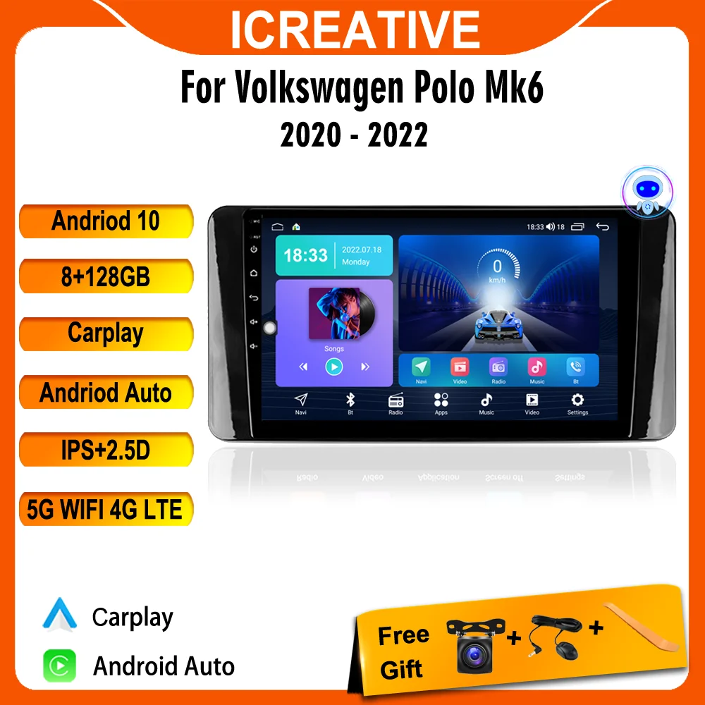 

Icreative 8+128G Android 10 For Volkswagen Polo Mk6 VI 6 2020 2021 2022 Car Radio Multimedia Video Player BT Navigation GPS 2Din