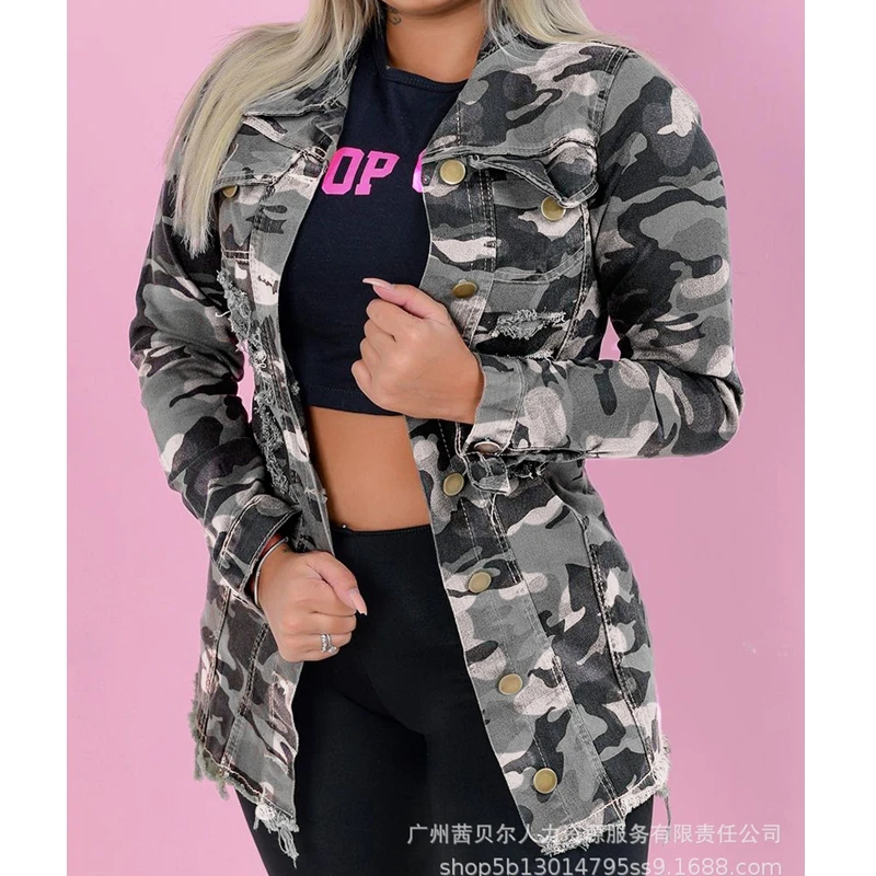 

Women Jacket Spring Autumn Slim Fit Camouflage Printed Ripped Jacket Women Casual Pocket Stitching Single-Breasted Cardigan Coat