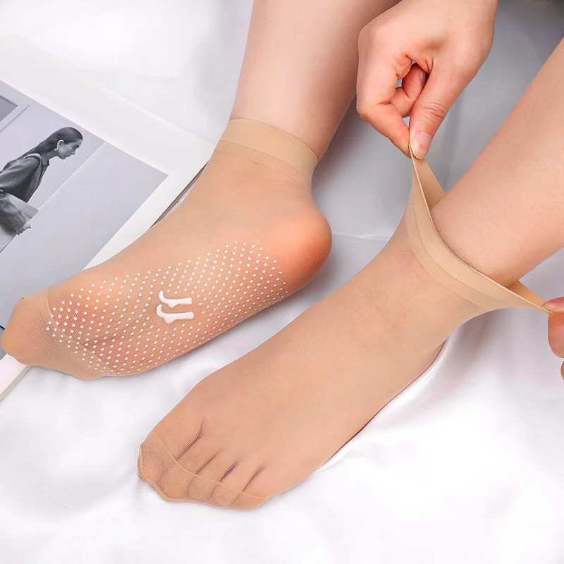 20pcs=10Pairs Women Soft Socks Summer Velvet Breathable Thin Non-Slip Bottom Splice Transparent Ladies Girls Crystal Silk Sock