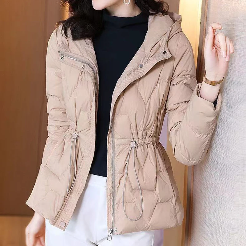 Hooded Slim Waist Thin Cotton Padded Parkas Elegant Warm Windproof  2023 Korean Long Sleeve Pockets Jacket