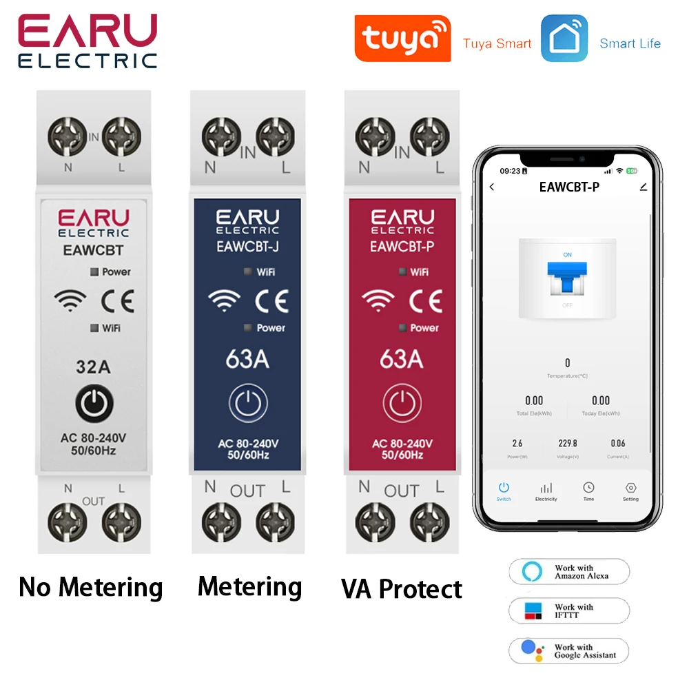 

Автомат защити цепи EARUELECTRIC Tuya Wi-Fi 1P+N 63A