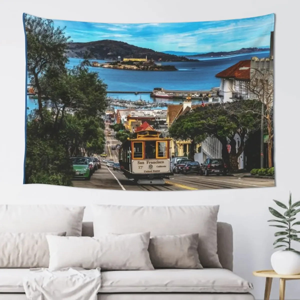 Сан-Франциско Калифорния - культовый тросовый автомобиль и гобелен с островом