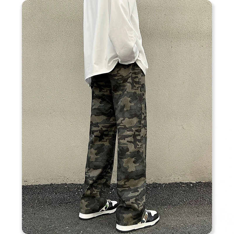 Men Outdoor Camouflage Overalls Jeans Men's Pants Loose Hanging Feeling Straight Tube Wide Leg Rest Slacks Denim Trousers