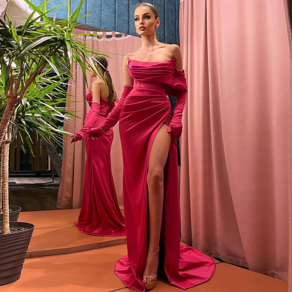 

Женское атласное вечернее платье с юбкой-годе, длинное платье с открытыми плечами и высоким разрезом сбоку, соблазнительное платье для выпускного вечера, 2023