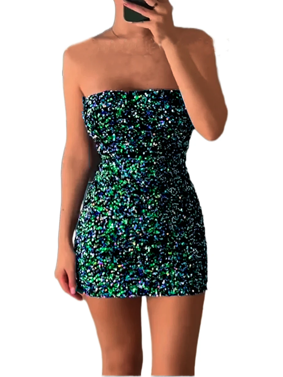 

Sparkling Sequin Off-Shoulder Dress for Women - Sleeveless Tube Top Short Dress Perfect for Evening Parties and Special