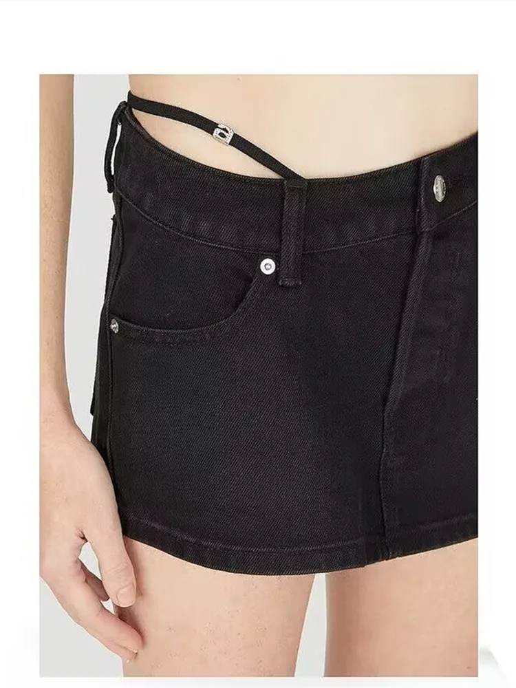 Women Blue or Black Sexy Strap Mini Denim Skirt All-Match Zipper Fly Fashion 2022 New Ladies Hypotenuse Jupe with Pockets