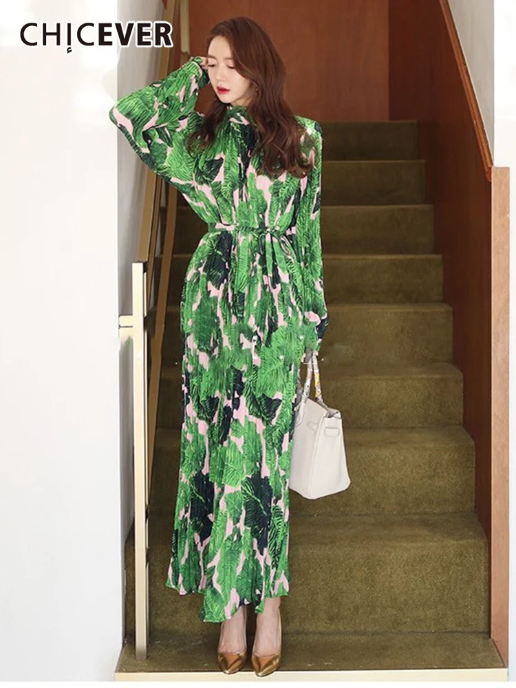 

CHICEVER Print Dress For Women Stand Lantern Sleeve Fold Pleated High Waist Chic Dresses Female 2022 Summer Fashion Clothing New