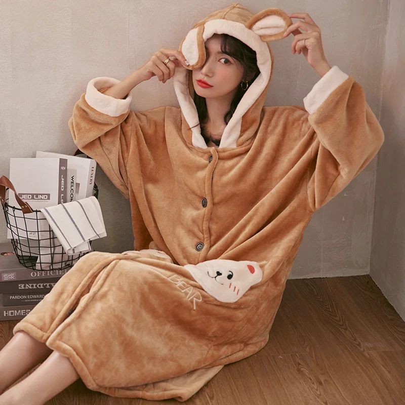 Winter Soft Warm Robes Nightgown Sleepwear Women 2021 Lounge Home Wear Long Sleeve Hooded Flannel Night Dress Coral Velvet Robes