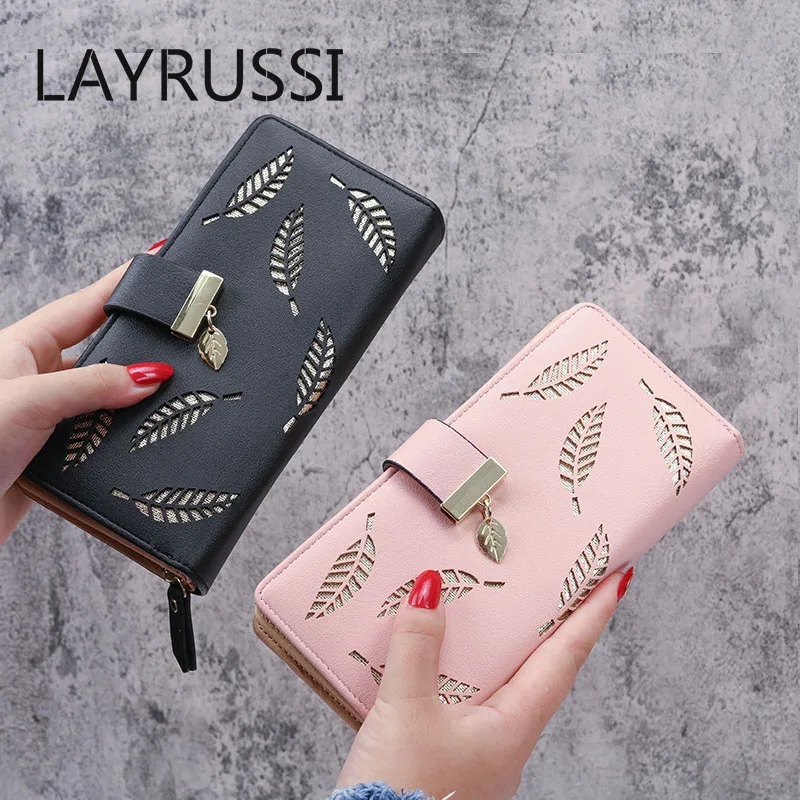 2022 New Korean Women's Wallet Fashion Clutch Bag Female Leather Coin Purse Card Holder Hollow Leaf Zipper Buckle Long Wallet