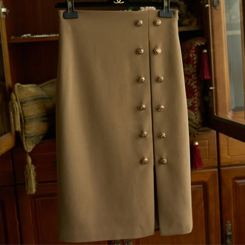 

Temperament Double-breasted Slit Mid-length Bag Hip Skirt Women Ustyle0444