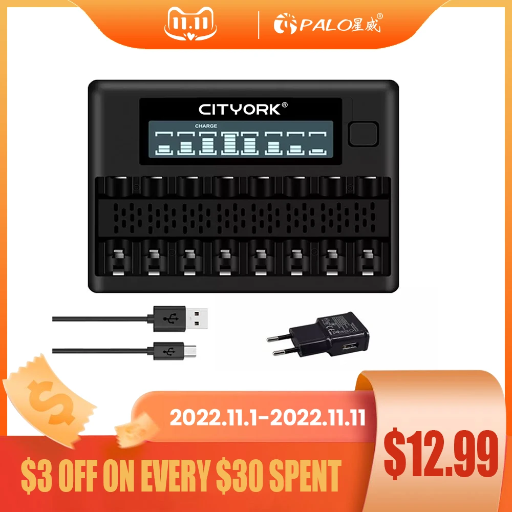 

CITYORK 8 Slots LCD Smart Battery Charger for 1.2V AA AAA NIMH NICD Rechargerable Battery Fast Charging USB Battery Charger
