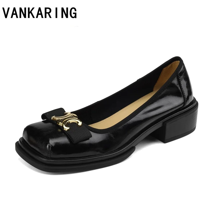 

retro design bow-tie spring autumn shoes mid thick heel genuine leather nude pumps casual round toe office lady shoes pumps
