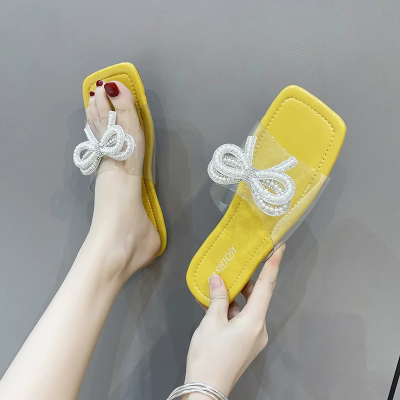 

2022 New Summer Women's Slippers with Bow Decoration Fashion All-match Open-toe Women's Slippers Temperament Flat Bottom Adult