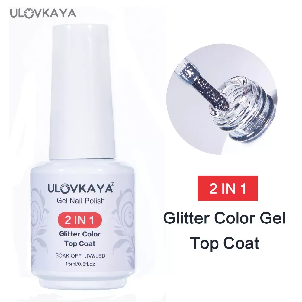 

ULOVKAYA 2 IN 1 Glitter Color Gel Top Coat 15ml Nail Gel Polish Soak Off Shiny Top Coat UV Gel Varnish For Nail Art Design