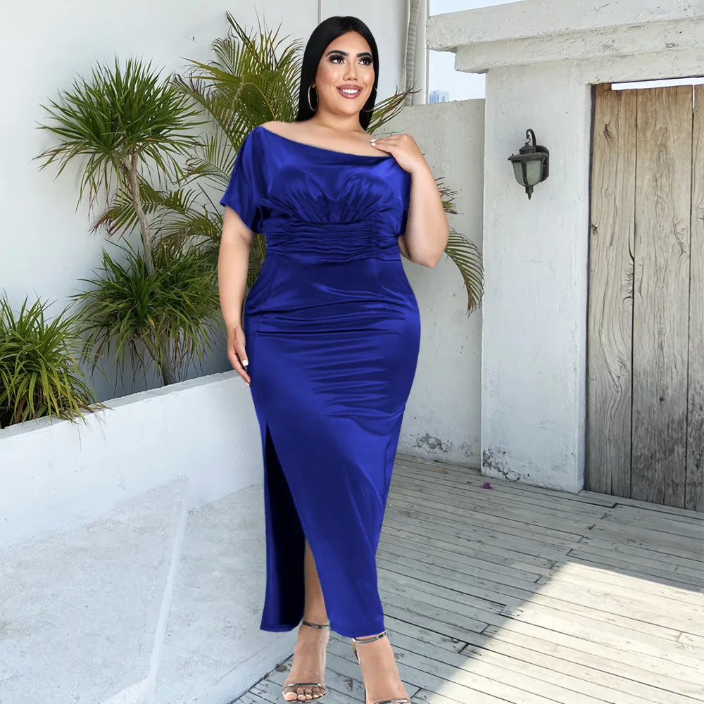 

Party Dresses Slit Diagonal Collar Pleated High Waist Sexy Short Sleeve Skinny Summer Dress Elegant Dresses For Women 2022