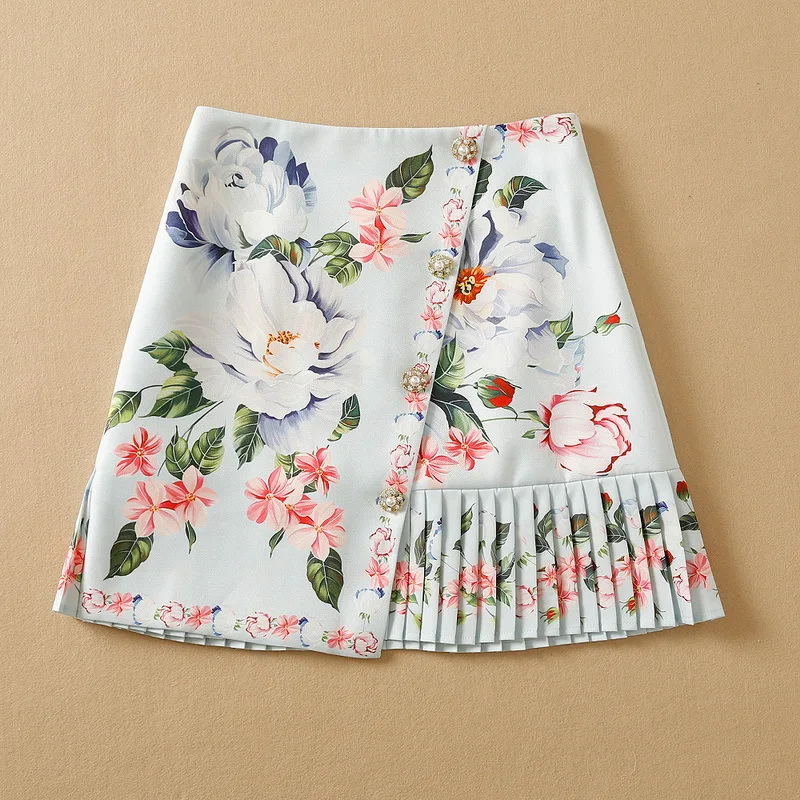 Europe and the United States women's clothing  New Summer 2022  Floral print pleats fashion blue buttons decorate a skirt