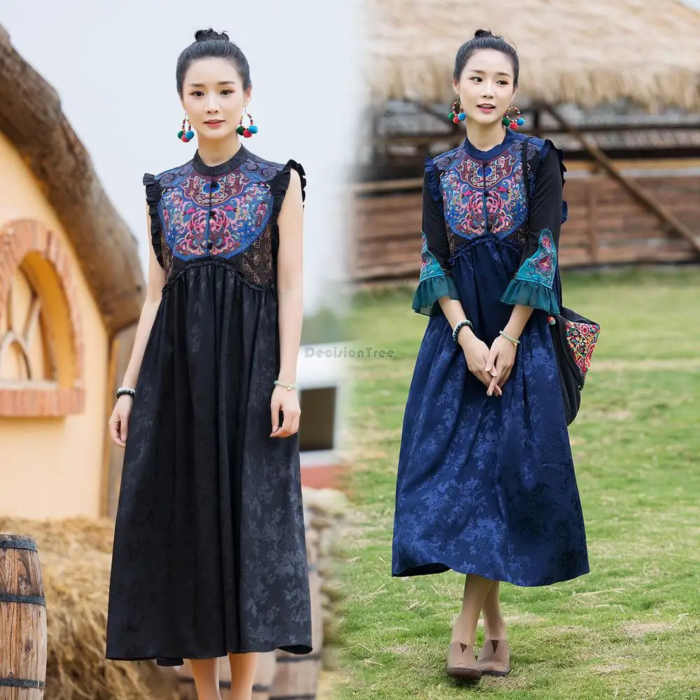 

2023 китайское традиционное винтажное платье Чонсам с цветочной вышивкой, хлопковое льняное национальное платье без рукавов, элегантное женское платье в стиле ретро