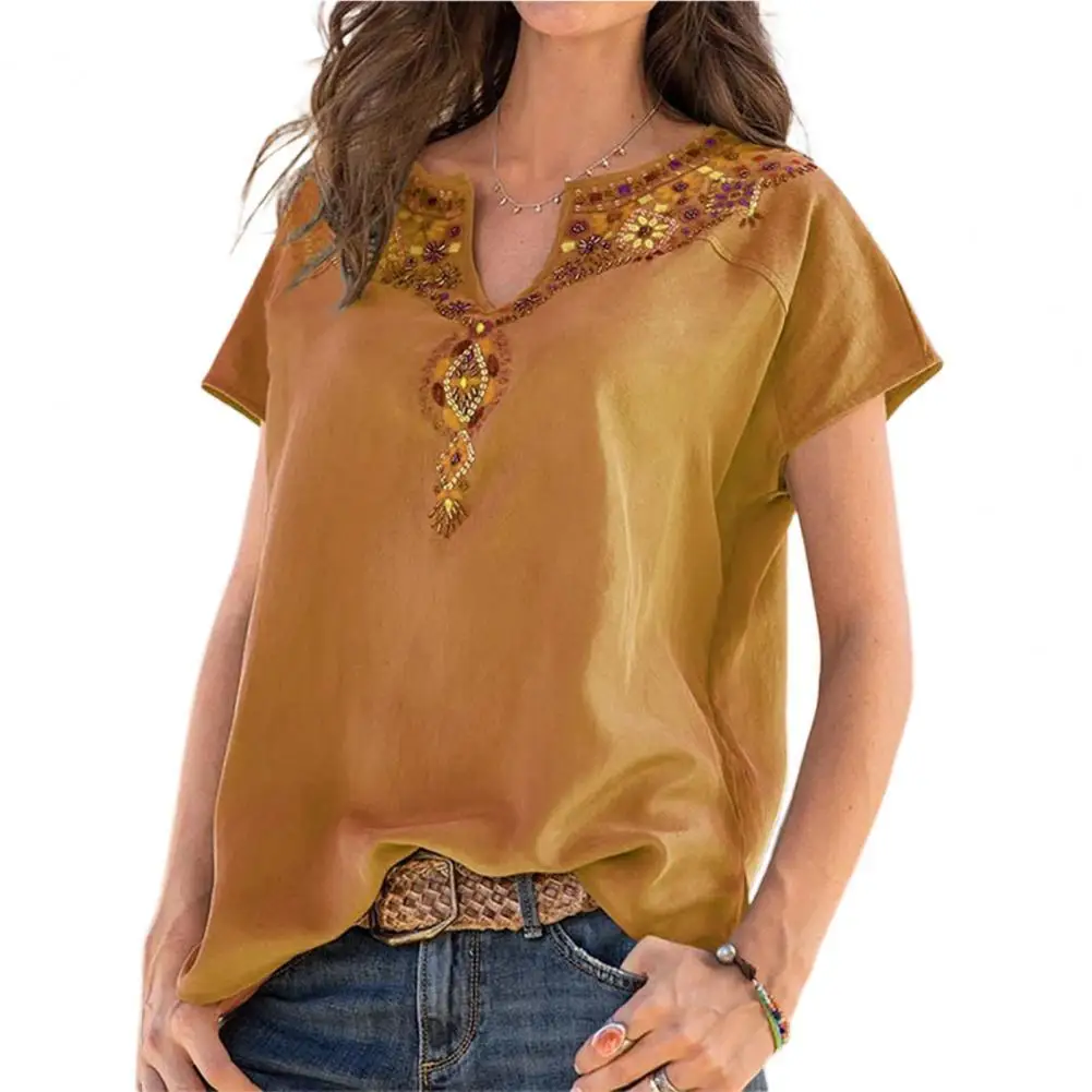 

40%HOT2022 New Women's T-shirt Top Ethnic Print Patchwork Spring And Summer Loose Solid Color Daily Wear T-shirt