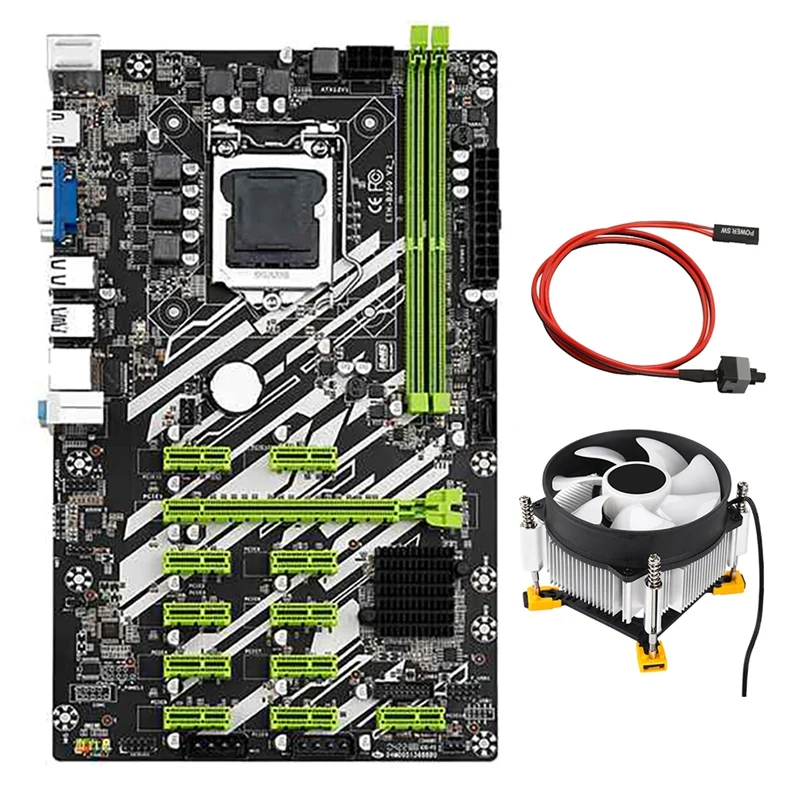 

Материнская плата B250 BTC для майнинга с кулером ЦП и кабелем коммутатора 12 PCI-E, графические Слоты LGA1151 DDR4 ECC RAM SATA3 USB3.0