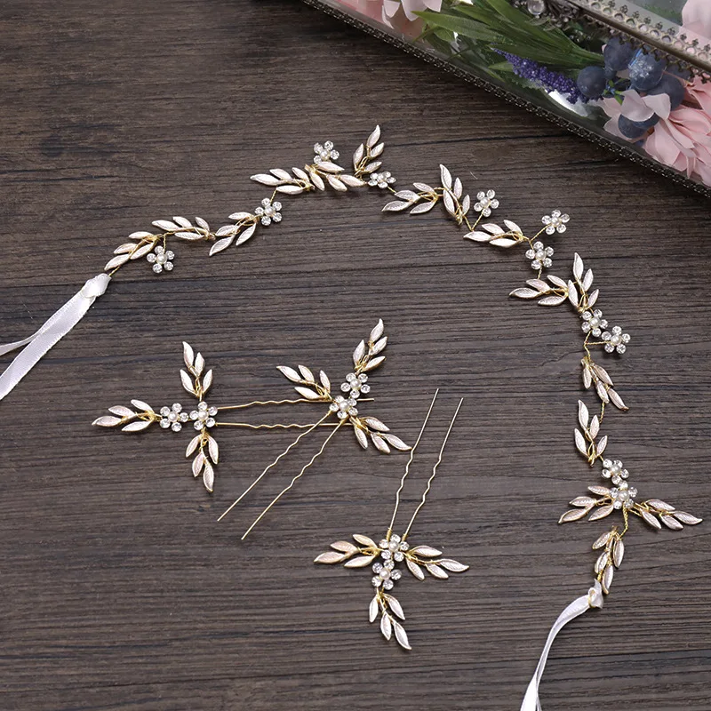 

Gold Leaf Hairband Hairpins Bride Hair Accessories Headband with Ribbon For Girl Headpieces Women's Hair For Wedding LL@17