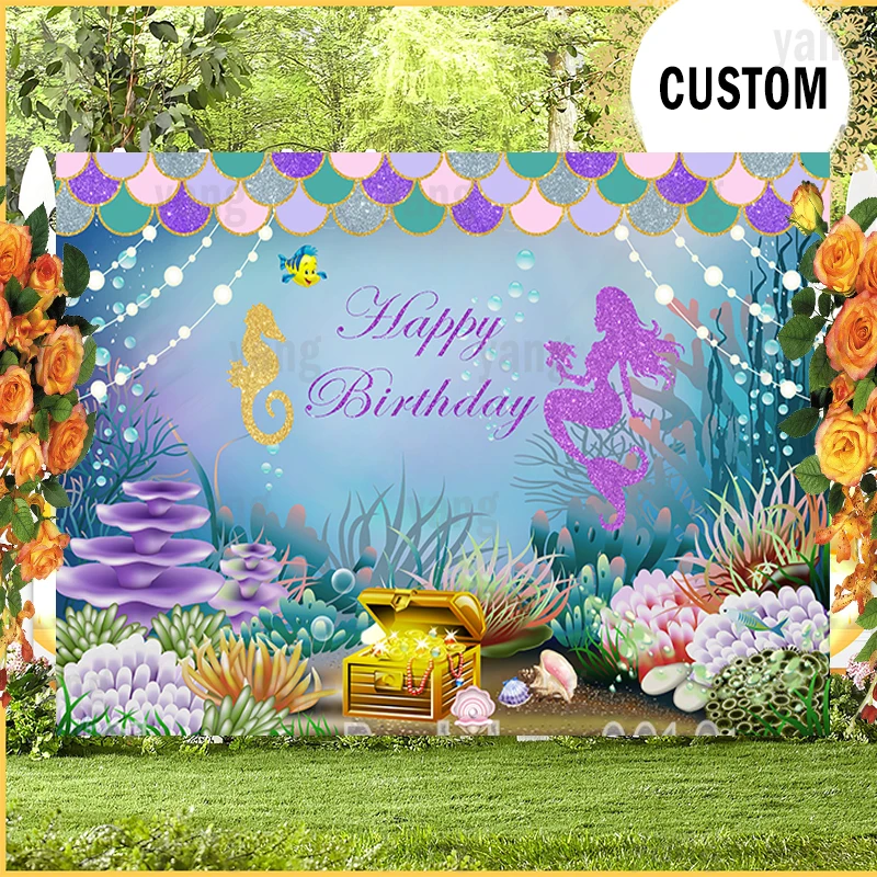 

Little Mermaid Ariel Photography Backdrop Princess Girls Birthday Party Photo Studio Background Decor Banner Prop