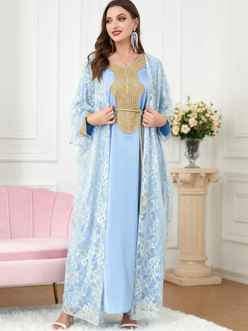 Turkey Muslim Sets Women 2 Piece Abaya Set Ladies Stain Lace Hook Flower Cardigan Abayas Belted Kaftan Dress Dubai Turkey Arabic