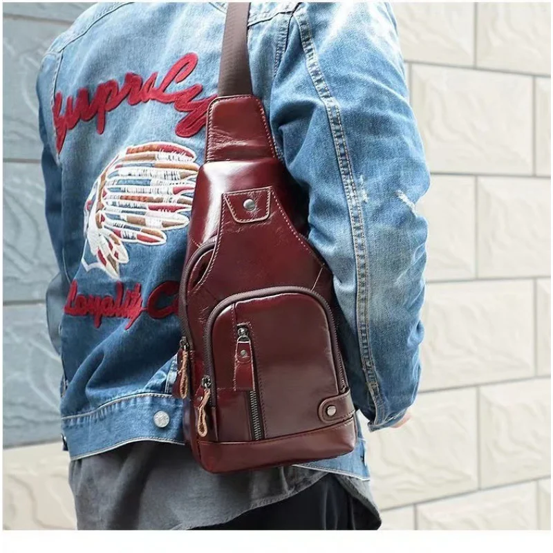 Luxury Genuine Leather Chest Bag For Men Business Shoulder Crossbody Bag Casual Sling Bag Male Travel Chest Daypack