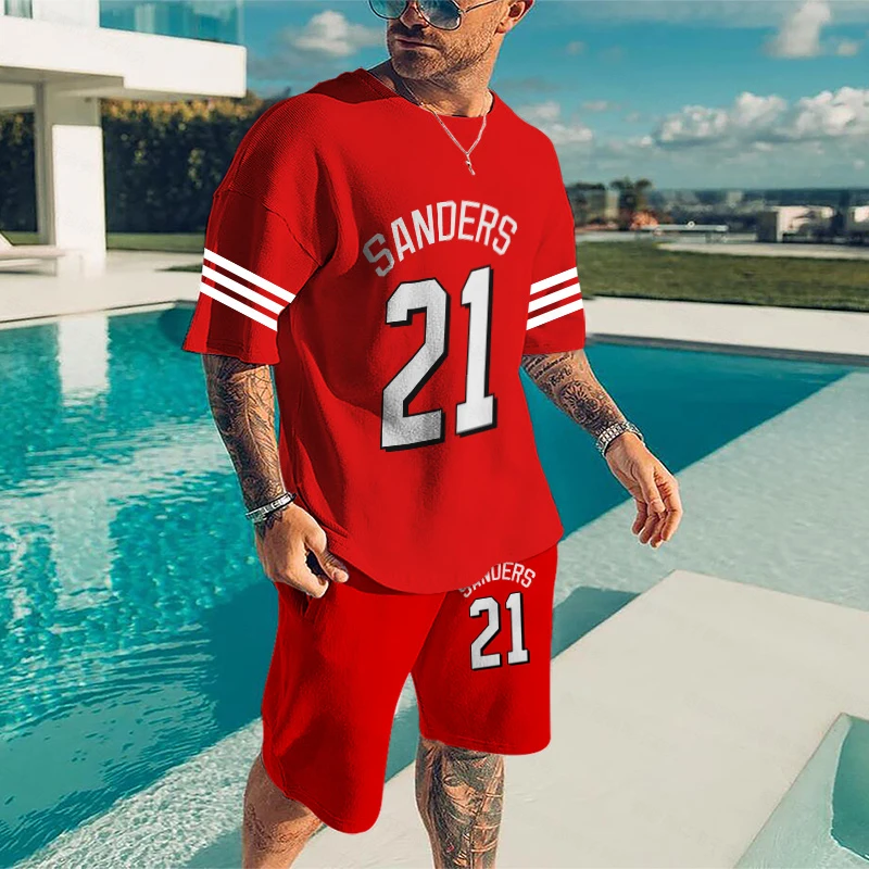 Summer Men's Short-Sleeved Shorts Suit Loose T-shirt Sports Style Red Ball Number Printing Breathable Casual Two-Piece Ball Suit
