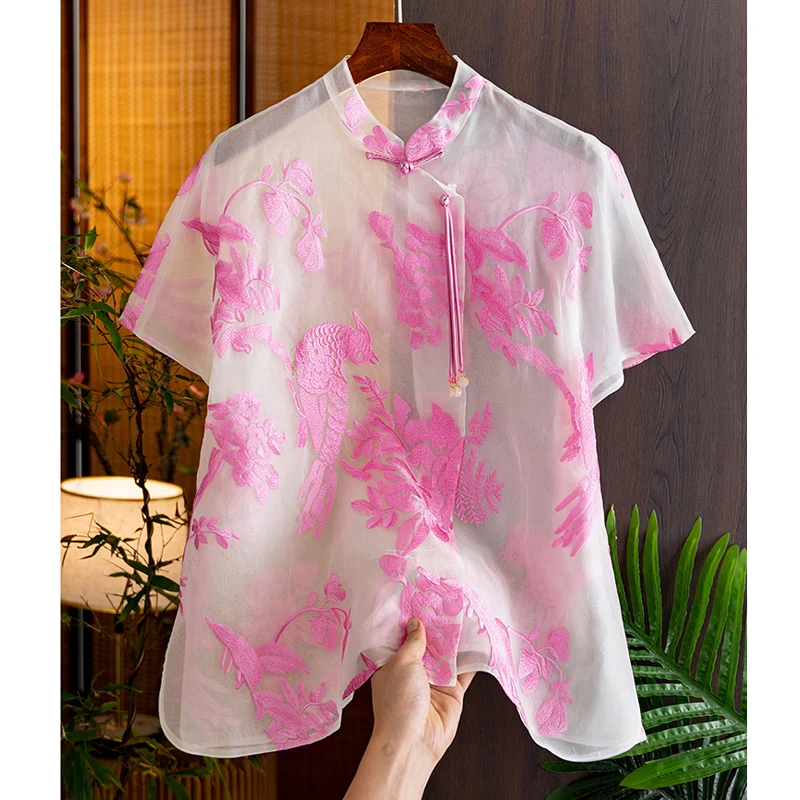 

Женский летний топ с вышивкой, Однорядный топ в китайском стиле с цветочной вышивкой и коротким рукавом, 2023