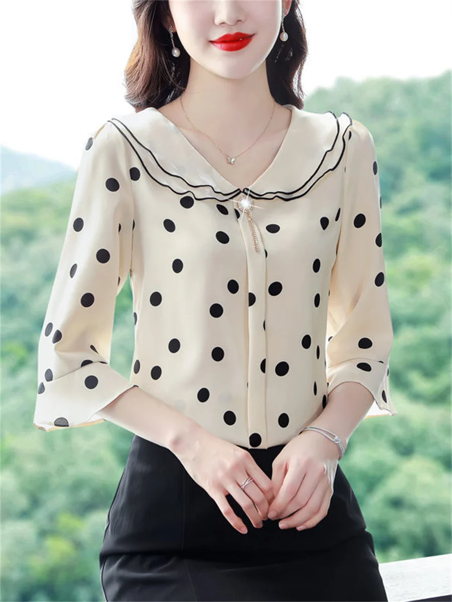 

Woman Summer Style blouses Shirts Lady Casual Half Flare Sleeve Peter Pan Collar Polka Dot Printed Blusas Tops P73