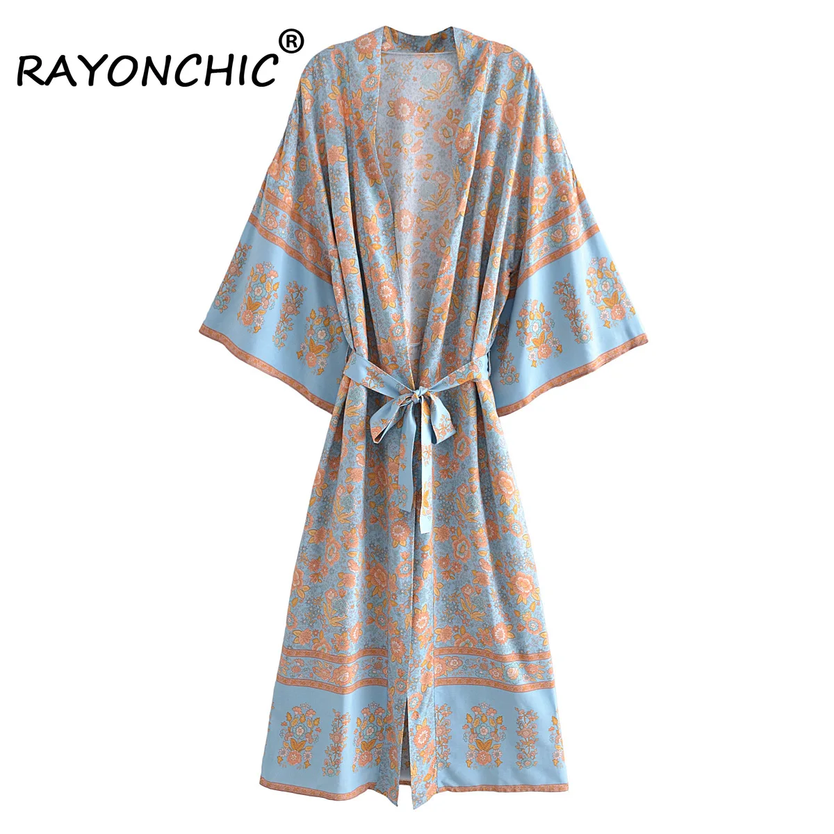 

RAYONCHIC Vestidos Bathing Suit Bikini Cover Up Vintage Robe Casual Batwing Sleeve Belt Holiday Beach Wear Caftan Boho Kimono
