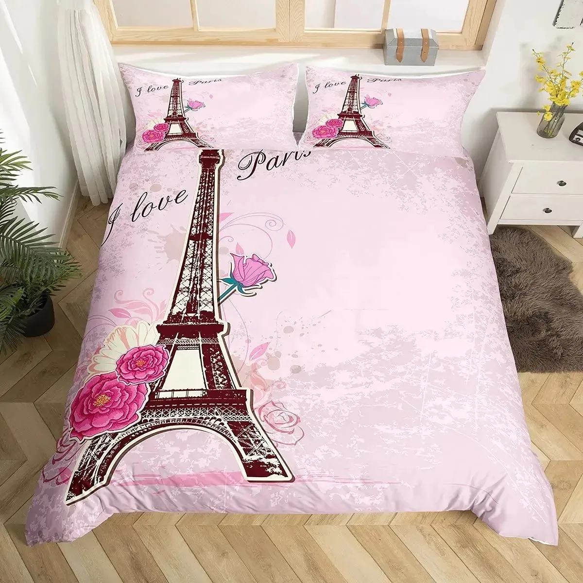 Eiffel Tower Duvet Cover Set Paris France Bedding Sets Queen Size Old Newspaper Style Comforter for Men Women Gray Stylish