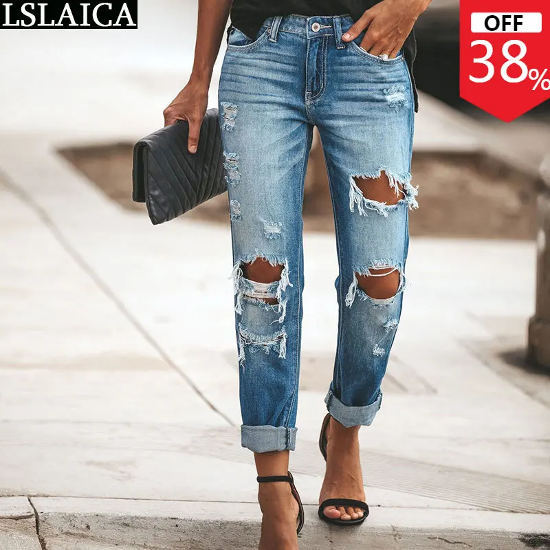 

New Arrival Women's Clothes Ripped High Waist Stretch Slim Jeans Hole Elegant Casual Fashion Personalized Women's Feet Pants