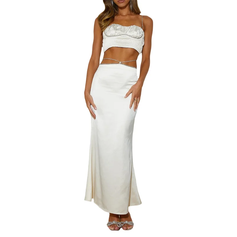 

Women Party Street Summer Outfits Rhinestone Ruched Strapless Backless Sling Crop Tops Long Wrapped Skirts Set Clubwear