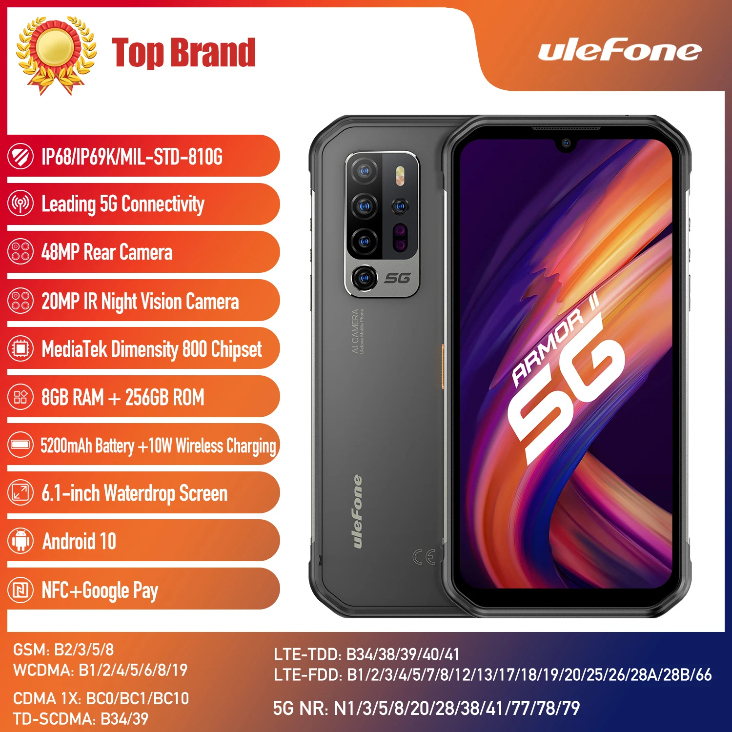

Original Ulefone Armor 11 8GB+256GB 6.1inch Waterproof 5G Night version Mobile Phone