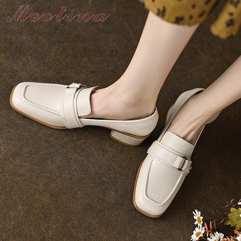 Meotina Women Genuine Leather Square Toe Chunky Mid Heel Buckle Fashion Pumps Ladies Spring Autumn Shoes Beige Black 40