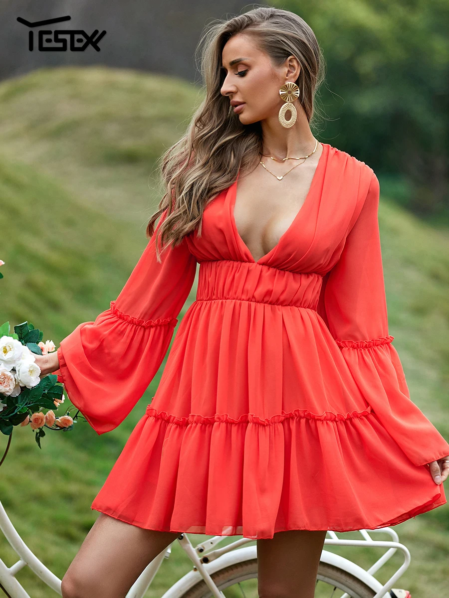 

Yesexy 2022 Summer Solid Color Sexy Deep V Neck Long Flare Sleeve Women Mini Dresses Chiffon Holiday Women Dresses Cute Soft Red