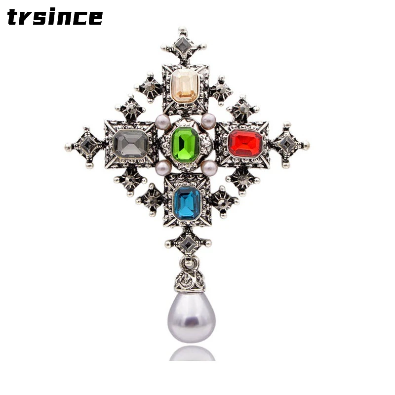

Vintage Baroque Cross Rhinestone Pearl Brooch Women's Temperament Coat Pin Corsage Shirt Collar Pins Brooches Accessories