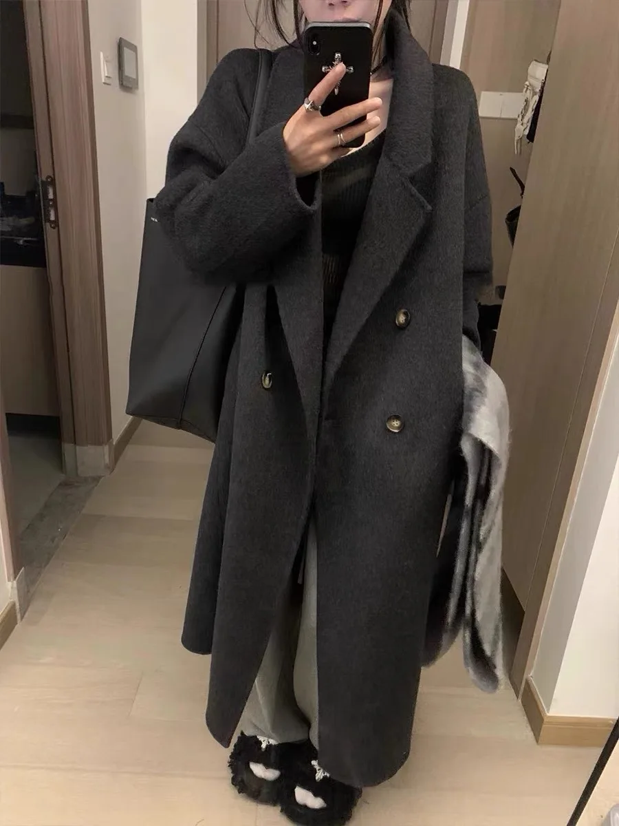 Черно-серое двустороннее шерстяное пальто для женщин новинка зимы 2024