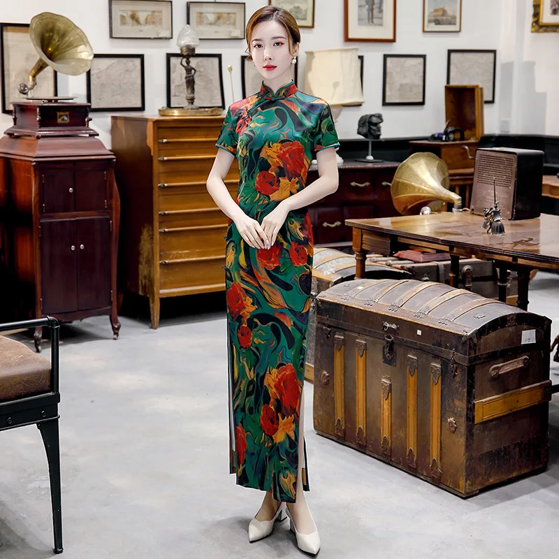 

Cheongsam Qipao Chinese Dress Elegant Satin Vintage Bodycon Slit Dresses Orient Style Party Banquet Dinner Show Evening Gown