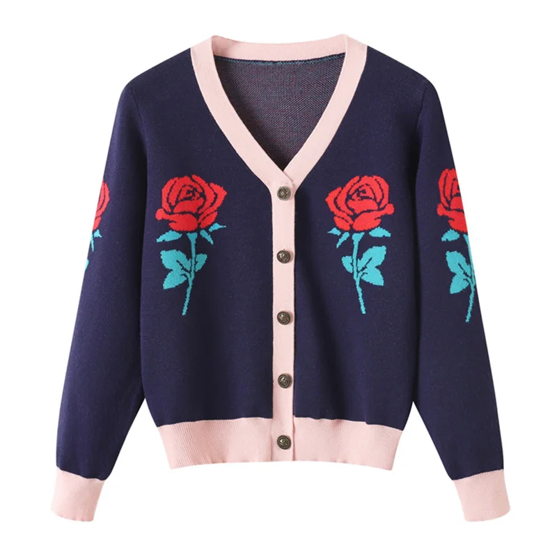 

V-neck rose flower sweaters women rose cardigans