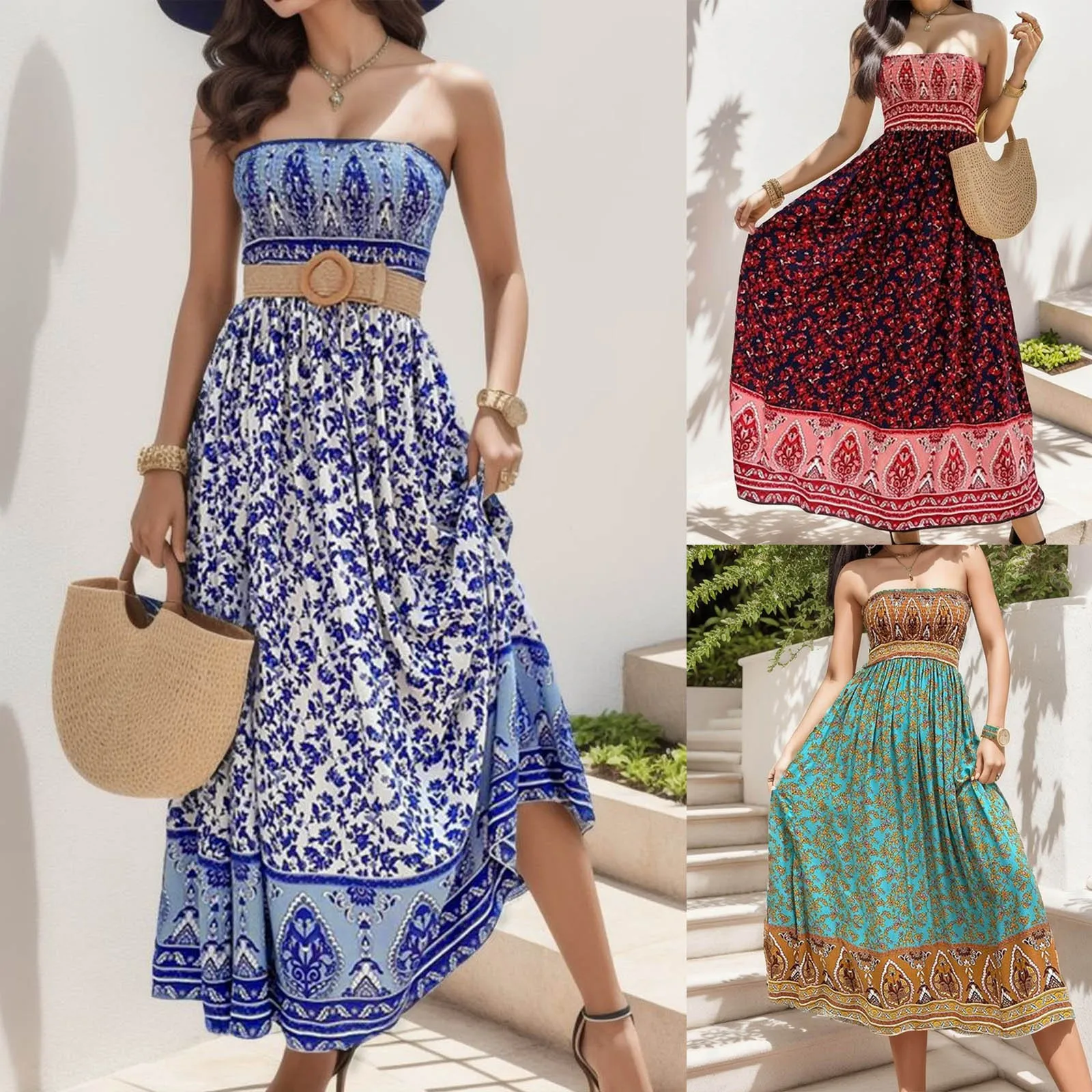 

Женское пляжное платье макси без бретелек, элегантное платье с открытыми плечами и цветочным принтом в богемном стиле для отдыха и пляжа, летняя уличная одежда, платье