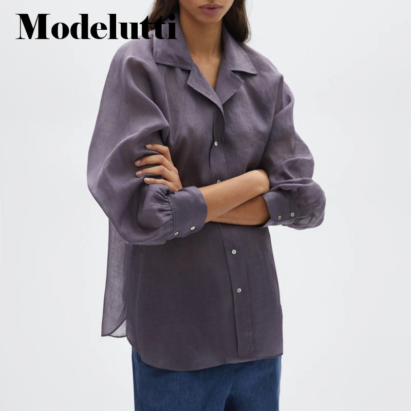 

Modelutti 2022 New Spring Autumn Fashion Long Sleeve Ramie Shirt Women Lapel Blouse Solid Color Simple Casual Tops Female