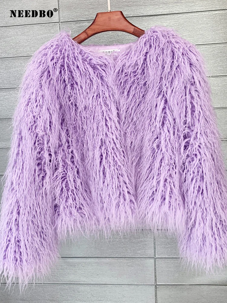 Faux Fur Coat Women Colorful Furry Pink lamb wool faux fur coat female Shaggy sheepskin coat winter artificial fur jacket