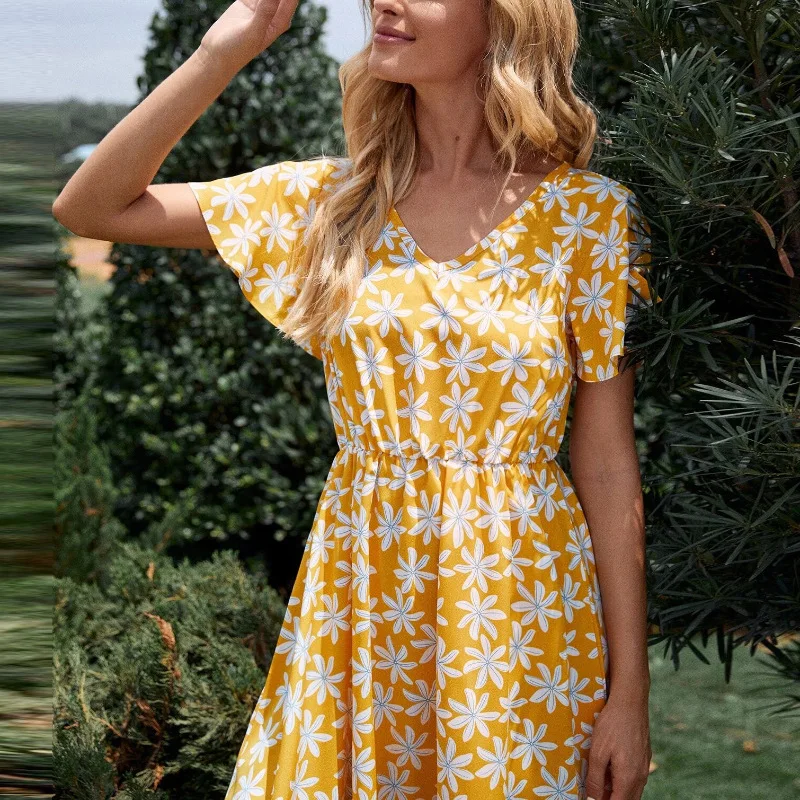 Vestidos Women Elegant A Line Floral Print MIdi Drsss Butterfly Short Sleeve V Neck Sundress Female High Waist Beach Party Dress | Женская