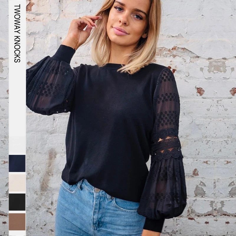 

Clothes For Women Top Autumn Fashion Long Sleeve Round Neck Pullover Tees Temperament Versatile Lantern Sleeve T-shirt Blouse