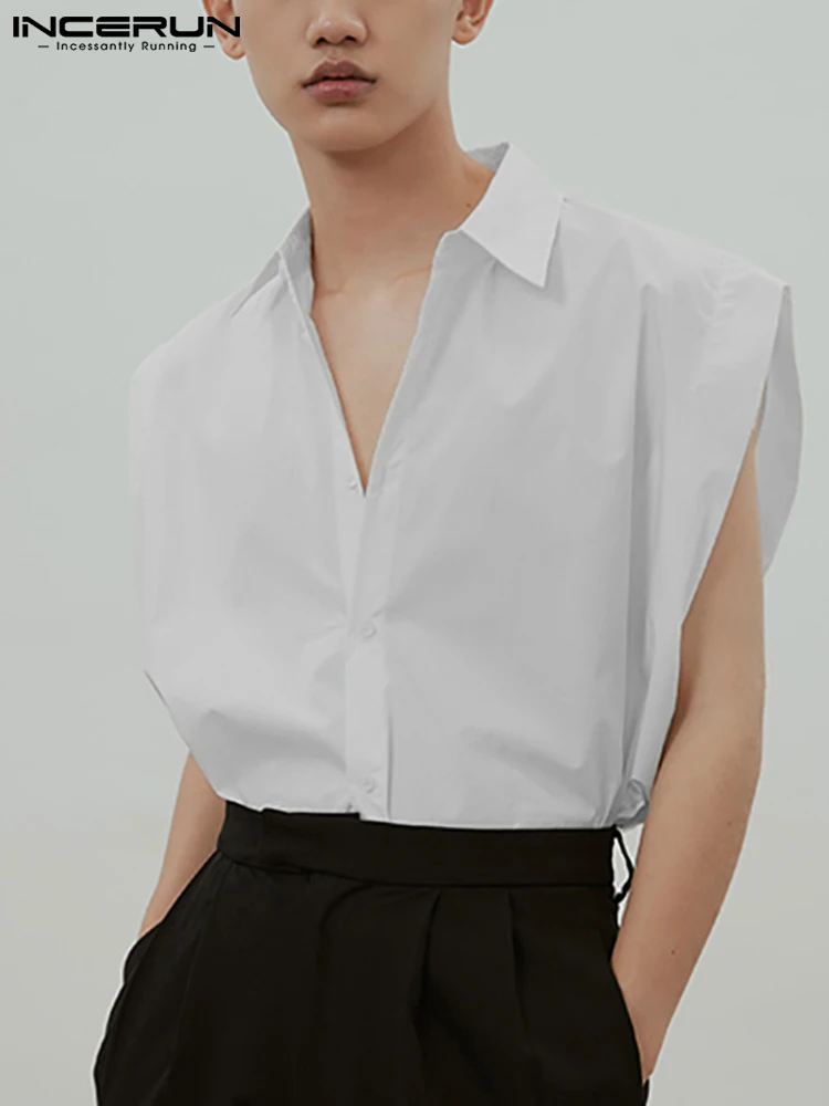 

Рубашка INCERUN мужская с отворотом, без рукавов, однотонная, свободная, 2022, на пуговицах, уличная одежда, дышащая, модная, повседневная мужская ...