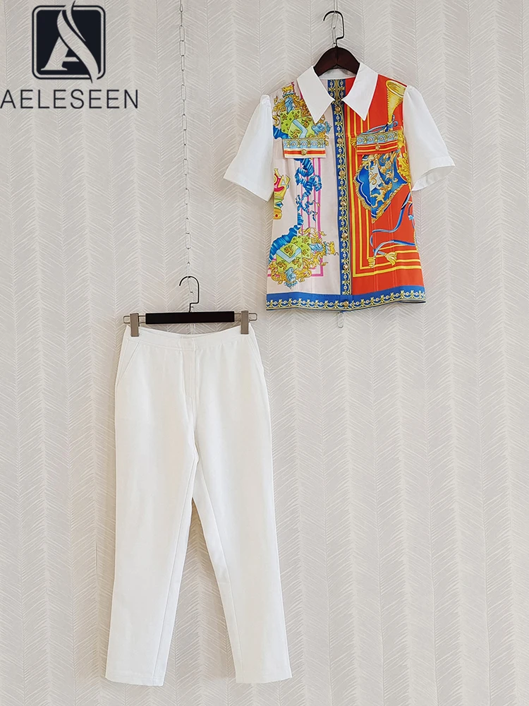 AELESEEN Runway Fashion Women Pants Set 2022 Summer Turn-Down Short Sleeve Yellow Flower Print Blouse + Pants 2 Pieces Suit